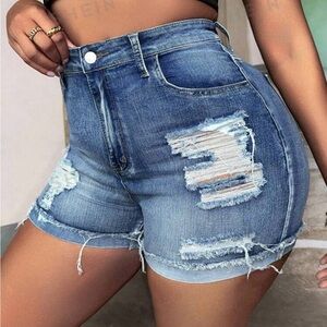 SHEIN SXY Plus Ripped Raw Cut Denim Shorts